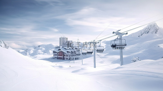冬季仙境滑雪胜地，有雪坡和电梯，具有充足的复制空间 3D 插图