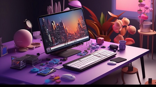 创新的工作环境 前视图场景的 3D 插图，配有带键盘和智能手机的桌子