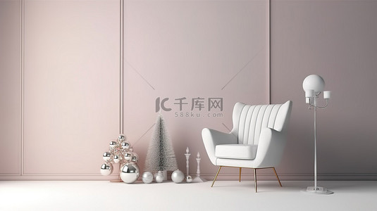简约的节日 d cor 3D 渲染圣诞树和椅子在简约的室内