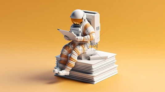 封面杂志模板背景图片_宇航员在一堆书上执行多任务 3D 渲染插图
