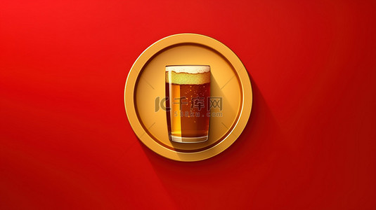 红色哑光金板上的金色啤酒符号 3D 渲染社交媒体图标