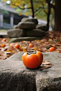 季秋背景图片_柿子坐在秋石上