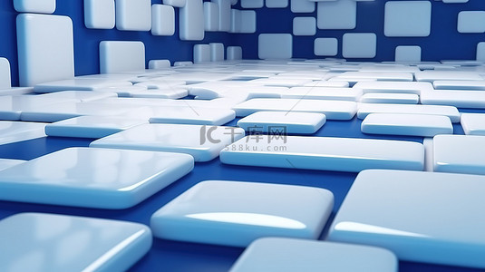 蓝色工作室地板的 3D 渲染，装饰有白色几何形状