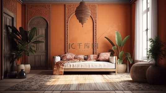 空房间地毯背景图片_空置的空间配有豪华沙发和豪华地毯，3D 呈现无可挑剔的热带风情