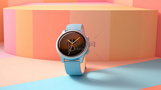 创新的夏季灵感柔和的背景与蓝色智能手表的 3D 渲染