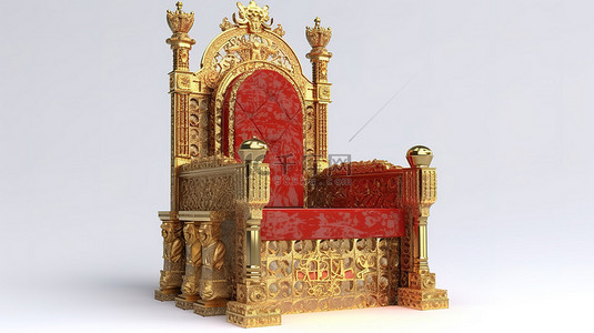 国王背景图片_金色和红色国王的宝座，带有金色比特币，白色背景上的 3d 渲染