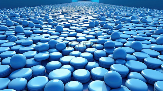 蓝色药丸散落在蓝色背景 3D 可视化路径上