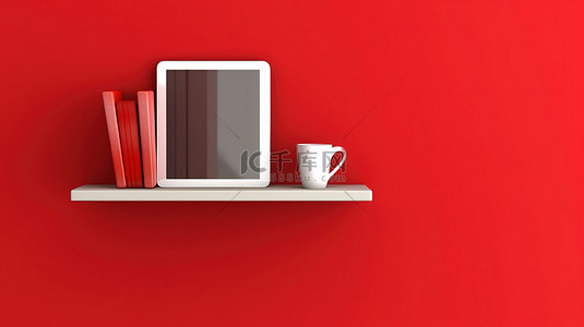 红色办公背景图片_垂直背景横幅的 3d 插图，红色墙架上有数字平板电脑