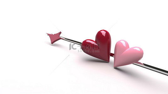 爱心贴纸背景图片_两颗心与白色背景上的 3D 孤立插图中描绘的箭头交织在一起
