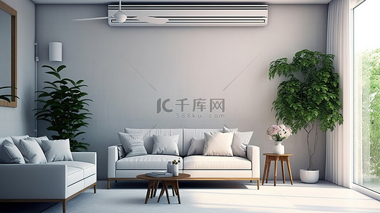 空调背景背景图片_带空调和遥控器的现代客厅的 3D 渲染插图