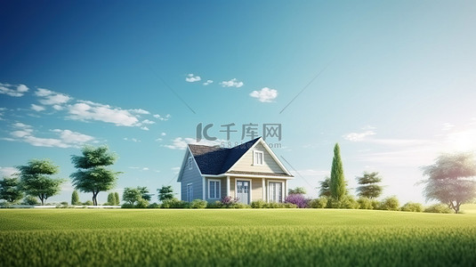 兰天下的猫背景图片_3D 渲染的房屋，周围环绕着蓝天下郁郁葱葱的绿色草坪