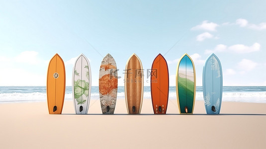水浪波背景图片_白色沙滩背景的阳光亲吻海滩上彩色冲浪板的 3D 渲染