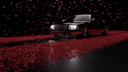 新年音乐派对背景图片_黑色背景与 3d 渲染红地毯豪华轿车和五彩纸屑
