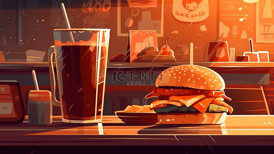 美食插画背景背景图片_汉堡饮料食物插画背景