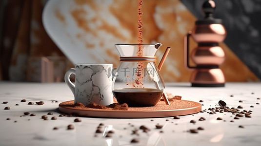 咖啡机和咖啡豆背景图片_咖啡冲泡技术大理石水磨石滴头和 3D 咖啡机插图