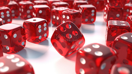 探索赌场游戏世界 3D 呈现白色背景上不同位置的红色骰子立方体