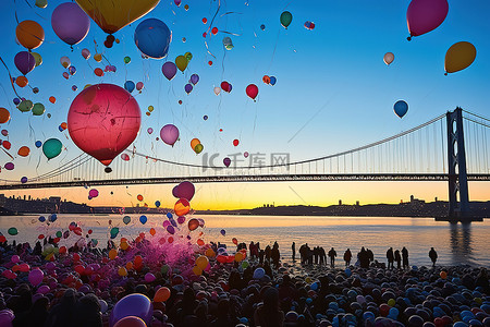 游客logo背景图片_许多气球漂浮在桥前的海滩上