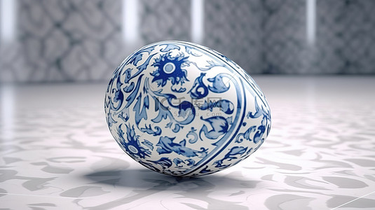 具有蓝色和白色图案的复活节彩蛋的 3D 渲染