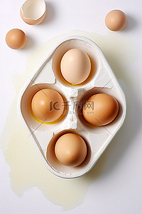 白色表面上鸡蛋中间的鸡蛋和酸奶油盘