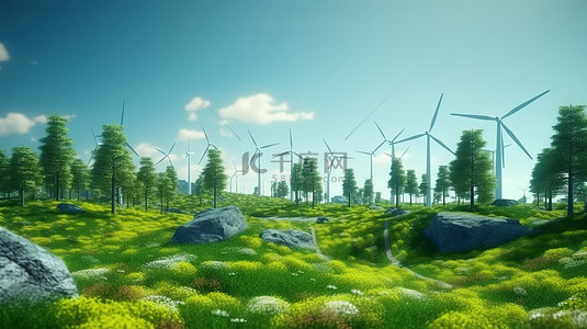 背景用电背景图片_风力涡轮机可持续景观的 3D 渲染