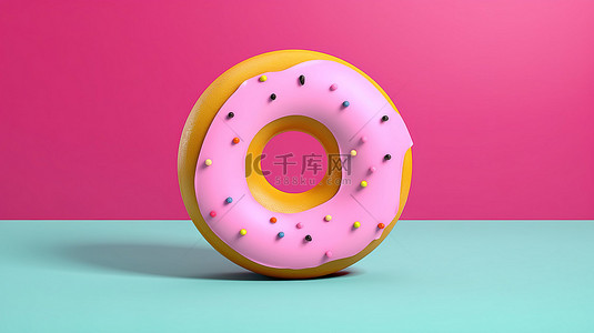 甜甜背景图片_粉红色背景上彩色甜甜圈图的 3D 渲染