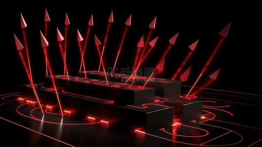训练步骤概念箭头，带有红色标志，在黑色背景下的 3D 插图中击中现代目标