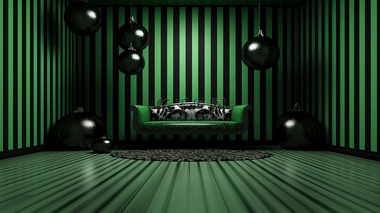 黑色条纹背景图片_怪异的绿色和黑色条纹万圣节房间背景的 3D 渲染