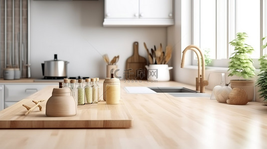 厨房模糊背景图片_温暖的斯堪的纳维亚厨房室内设计 3D 渲染中厨房柜台桌面上有充足的空间