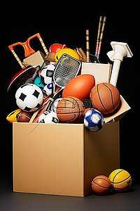 一个装满体育用品的盒子，里面有一个篮球和两根球棒