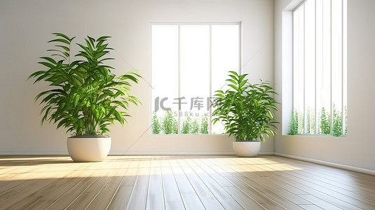 绿化背景图片_简约的最佳白墙房间，配有木地板和 3D 渲染的室内绿化
