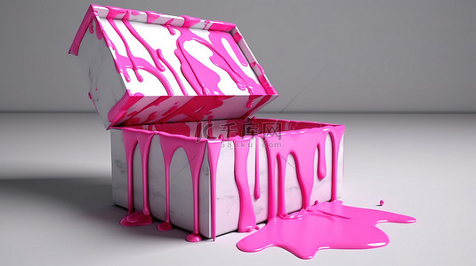 充满粉红色油漆的斑点形状盒子的 3D 插图