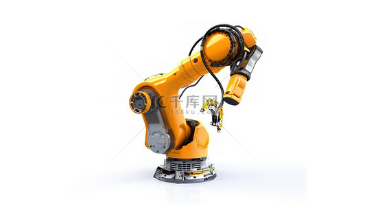 白色背景展示机器人手臂焊接的 3D 渲染