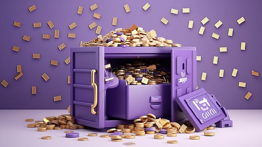 关于月光宝盒的背景图片_强化宝箱 3D 渲染一个封闭的紫色保险箱，周围环绕着大量金币和纸币