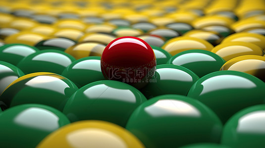 红球在华丽的黄色和绿色原始背景下的 3D 渲染