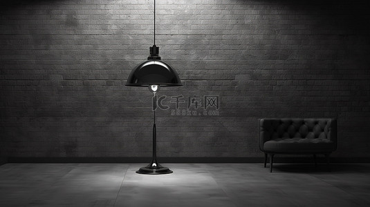 时尚黑背景图片_时尚的深色阁楼房间，配有时尚的黑砖墙地板和复古灯 3D 渲染