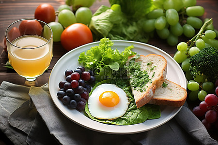 无核白葡萄背景图片_绿色蔬菜和煎蛋卷配吐司和葡萄