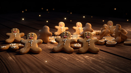圣诞姜饼饼干 3d 呈现在木制背景上