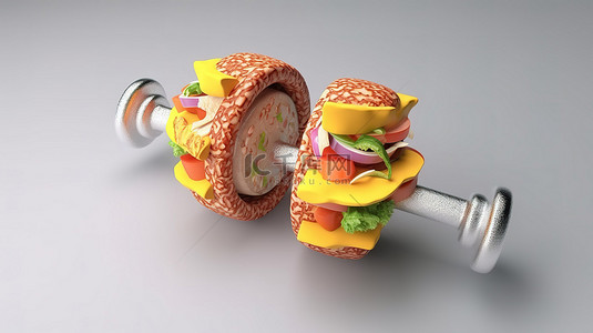 食育背景图片_健身与快餐 3D 渲染哑铃，包括食品剪切路径