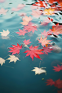 秋天的树叶漂浮在一片浅水中