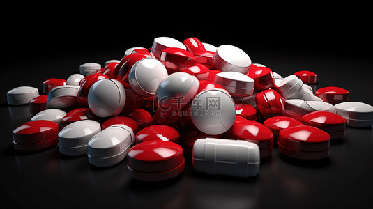 黑色背景包装中抗生素药物红色和白色圆形胶囊药丸的 3D 插图