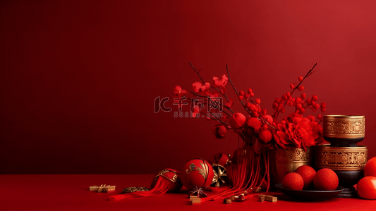 红色花卉植物中国风格广告背景