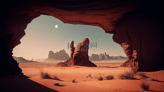 荒芜的原野背景图片_沙漠洞穴太阳神奇