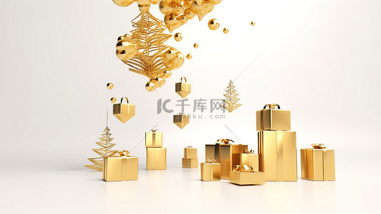 潦草背景图片_白色背景，上面挂着潦草的圣诞树，3D 渲染的礼品盒上有金色的快乐表情符号