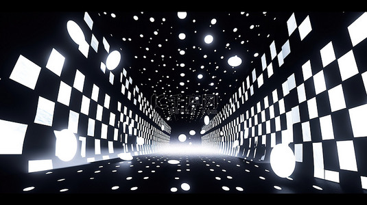 几何图案黑白背景图片_发光的光条纹照亮了 3D 渲染中的现代圆点和方格图案走廊