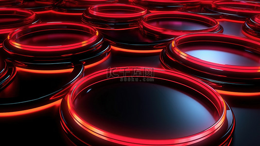 抽象背景多层 3D 渲染红色平台，装饰着霓虹灯环