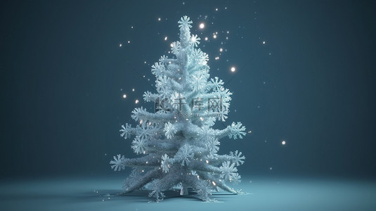蓝色冬季仙境 3D 渲染的圣诞树装饰着雪花