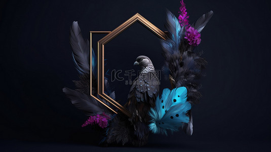 装饰羽毛背景图片_羽毛和水晶装饰装饰 3d 渲染中的空白六边形框架