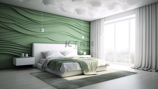 简约绿色家居背景图片_白色和柔和绿色的宁静简约卧室的 3D 渲染