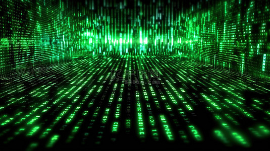 绿色矩阵代码中流动的随机数的 3D 渲染是数字增强的黑客概念