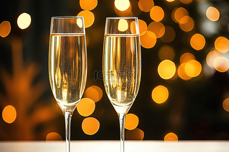 放光背景图片_圣诞彩灯旁边的桌子上放着两杯香槟